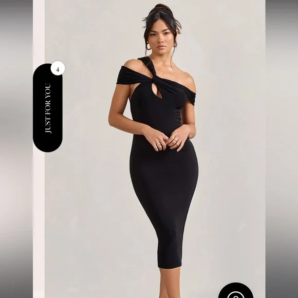 Chain Reaction | Black Strappy Asymmetric Bodycon Midi Dress - Picture 2 of 4